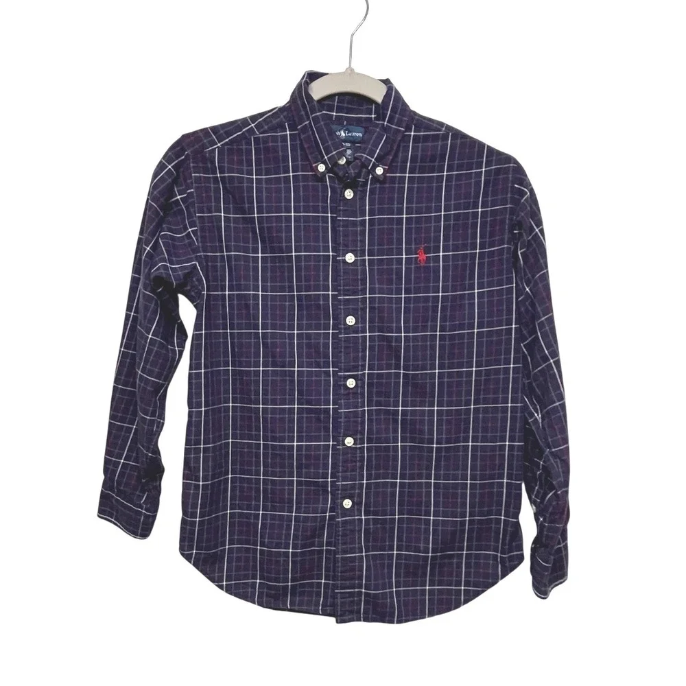Ralph Lauren Boys Navy Plaid Long Sleeve Button Down Shirt Size M 10-12